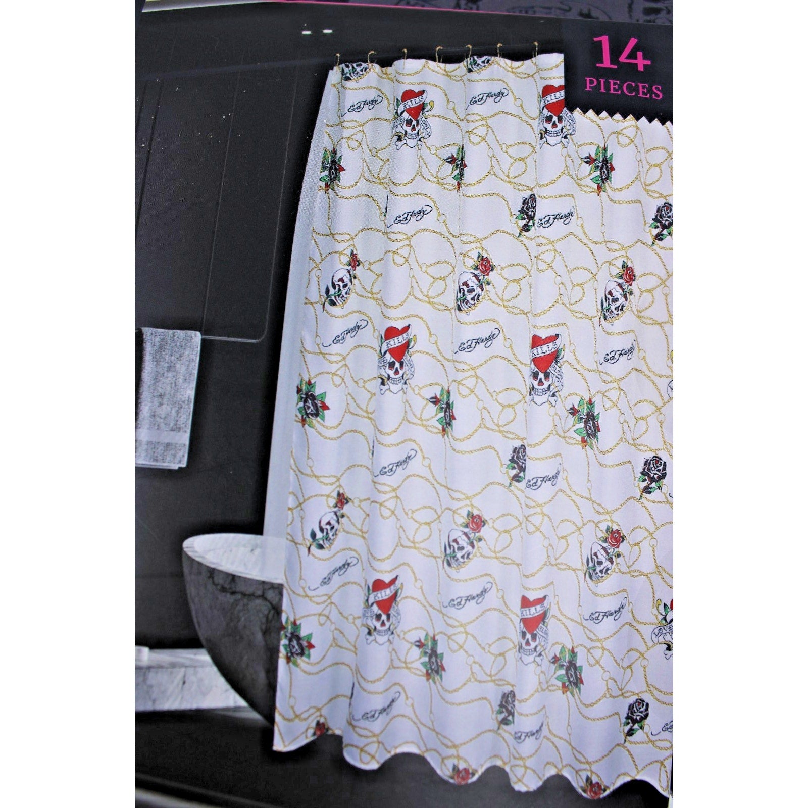 Ed Hardy 14 Piece Shower Curtain Set, White With Gold Chain and Skulls, NWT