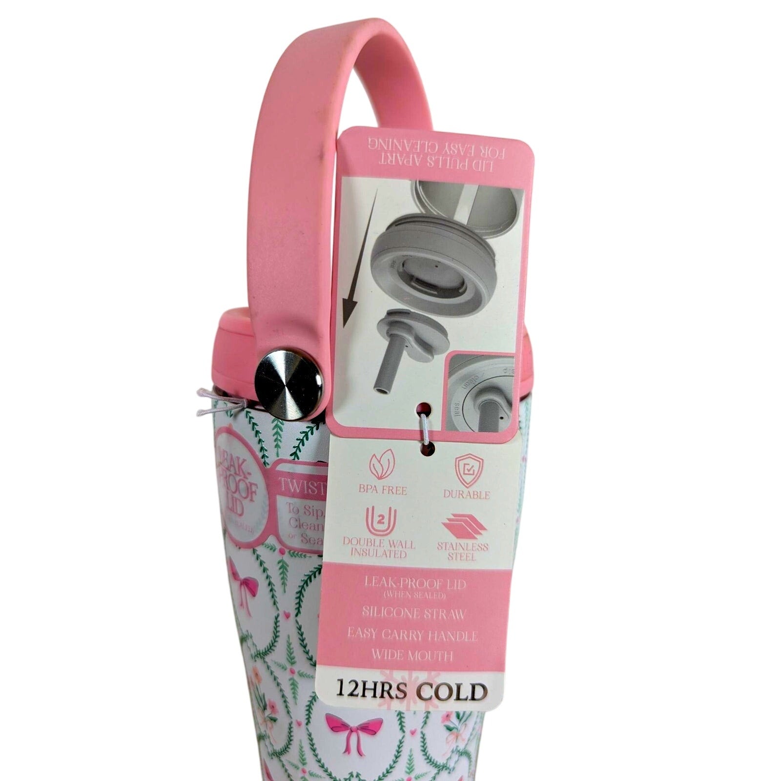 Wellness Tumbler Stainless Steel Double Wall-14 oz-BPA Free-Pink- Bows- Flowers