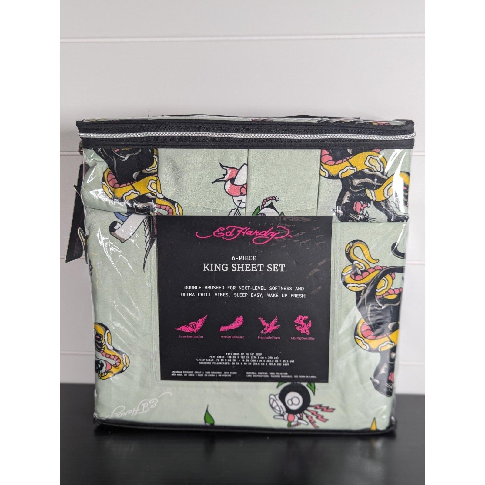 Ed Hardy 6-pc King Sheet Set w/4 Pillowcases, Skulls, Snake, Bird, Tiger- Green