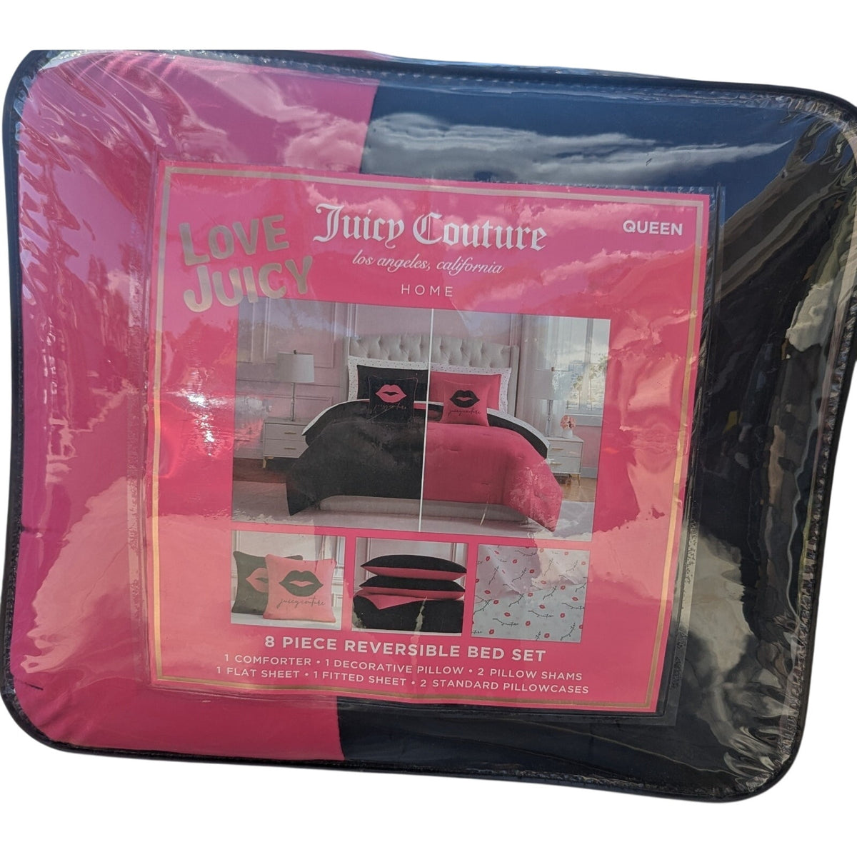 Juicy Couture Reversible Black/Pink Kisses QUEEN 8p Comforter Set Sheets&Pillow