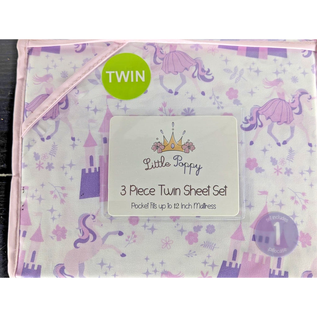 Little Poppy- Castles, Unicorns, Princes, 3-pc TWIN Sheet Set - New