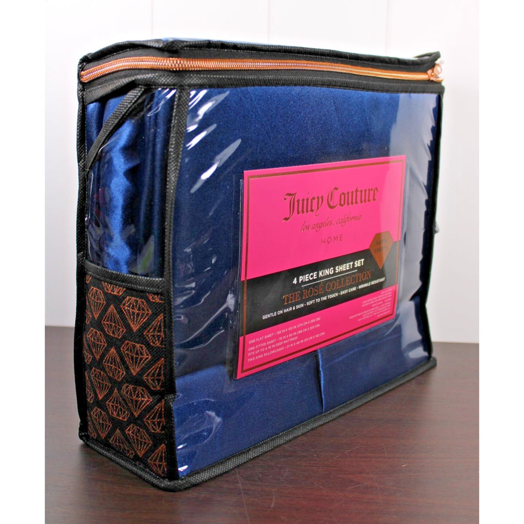 Juicy Couture Royal Blue Satin 4pc KING Sheet Set Easy Care Soft Sleek Smooth
