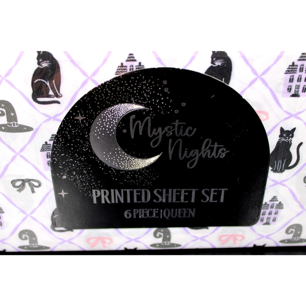 Halloween Haunted Black Cats/Hats/Bows QUEEN Mystic Moon 6 Piece Sheet Set-NWT3
