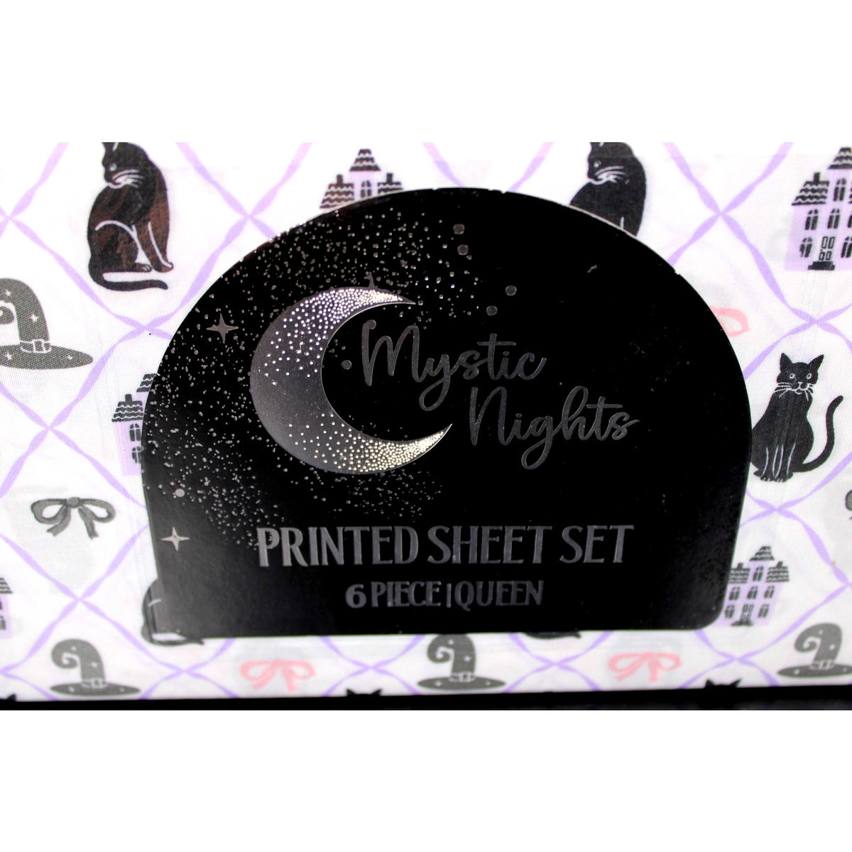 Halloween Haunted Black Cats/Hats/Bows QUEEN Mystic Moon 6 Piece Sheet Set-NWT3