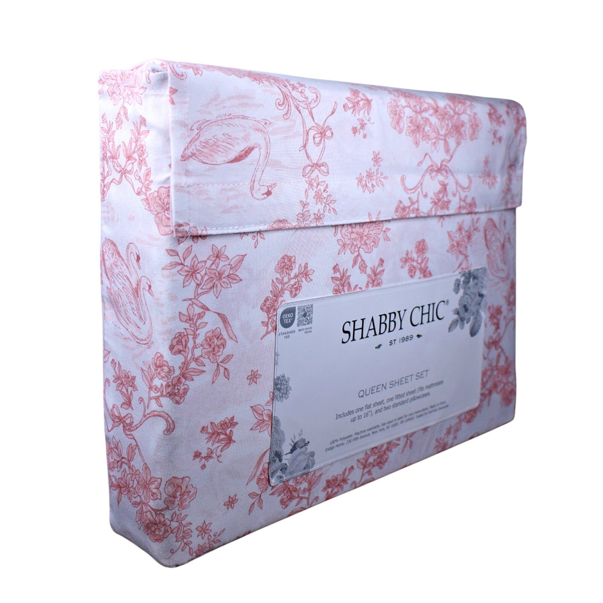 Shabby Chic Queen Sheet Set Swan Floral Coral Pink White Toile Vintage Inspired