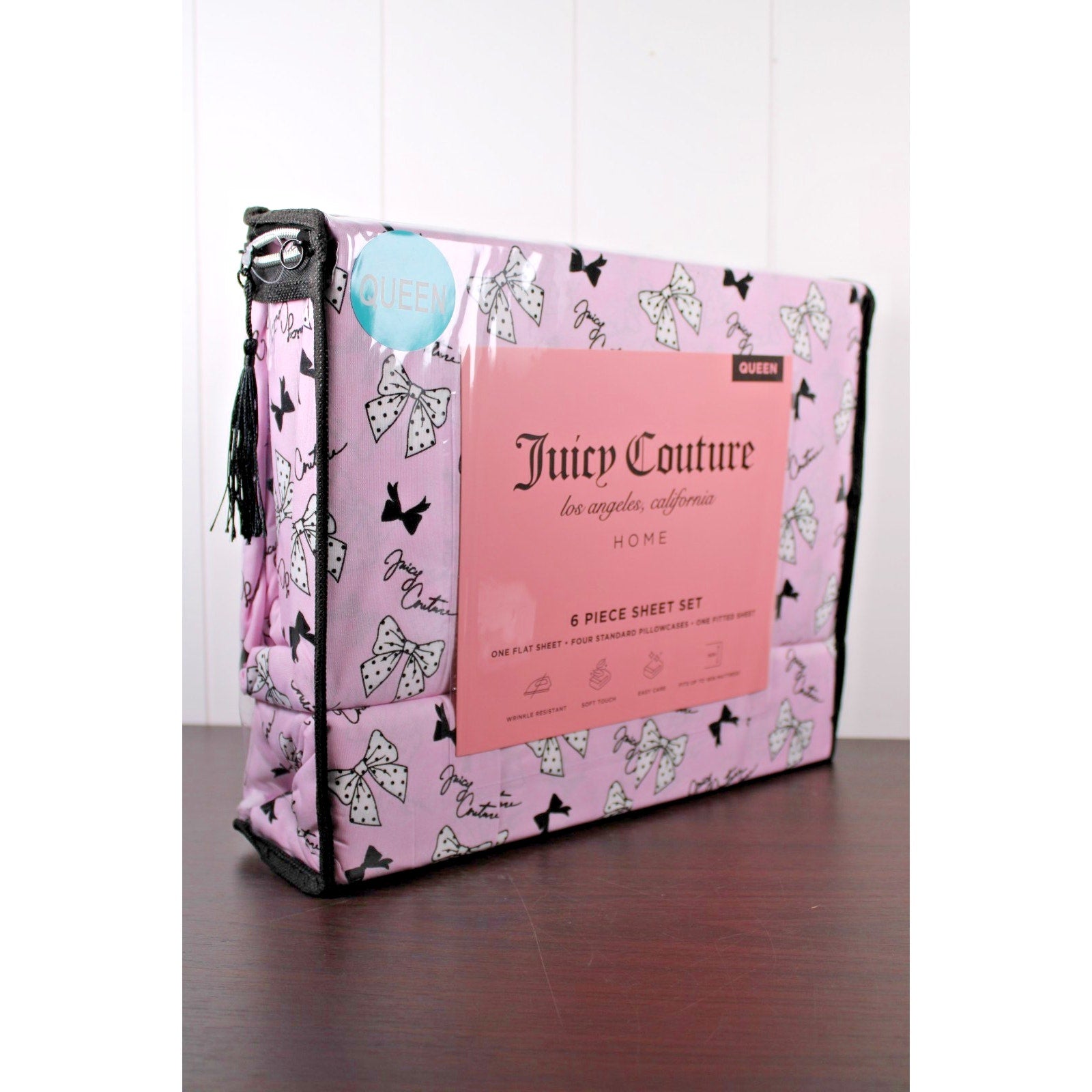 Juicy Couture Queen 6 pc Bed Sheet Set Pink & Black Polka Dot Bows