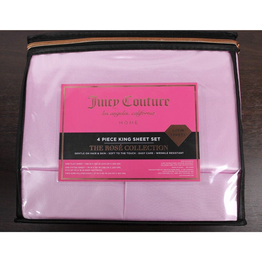 Juicy Couture Lilac Pink Satin 4pc KING Sheet Set Easy Care Soft Sleek Smooth