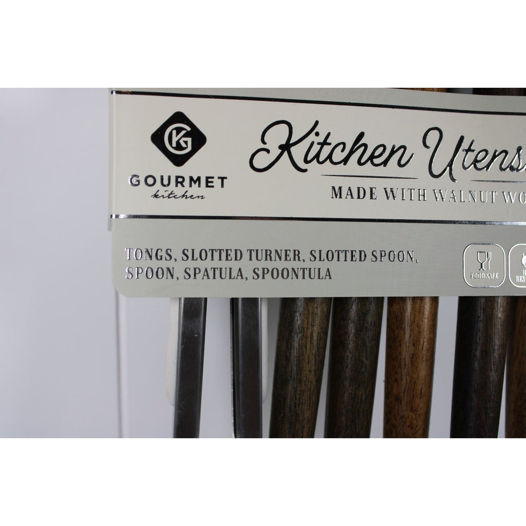 Kitchen Utensil Set of 6. Walnut handles Heat resistant Flexible silicone, Tongs