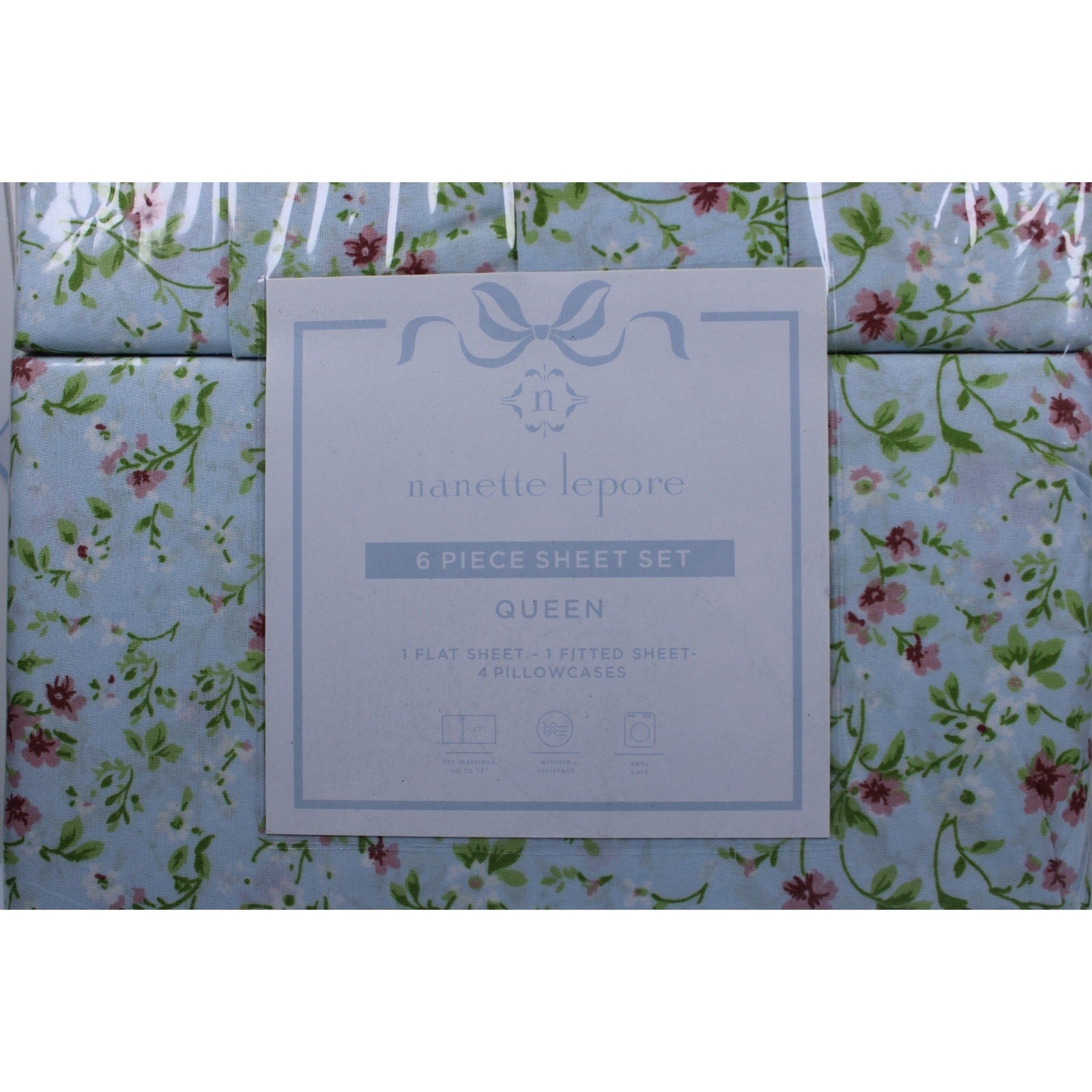 Nanette Lepore Queen 6 Piece Sheet Set Green, Pink Floral, 2 bonus pillowcases
