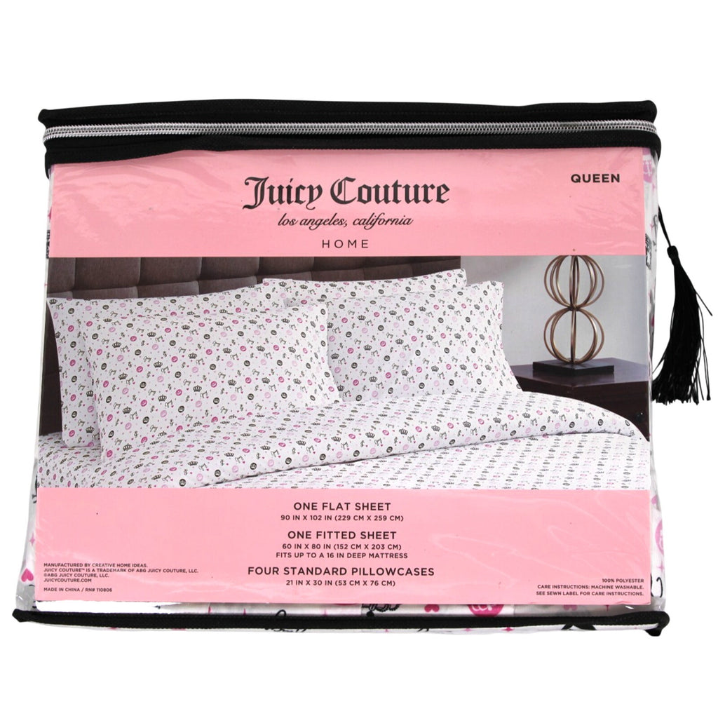 Juicy Couture QUEEN Bed Sheets 6 Pcs. Crown, JC logo, Hearts, Stars