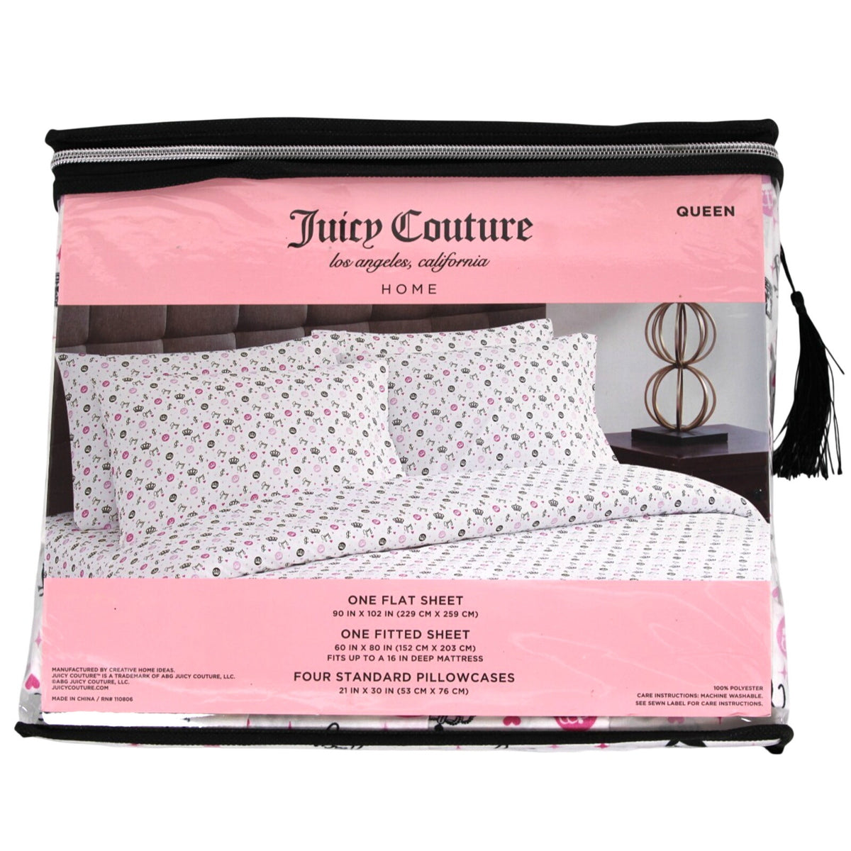 Juicy Couture QUEEN Bed Sheets 6 Pcs. Crown, JC logo, Hearts, Stars