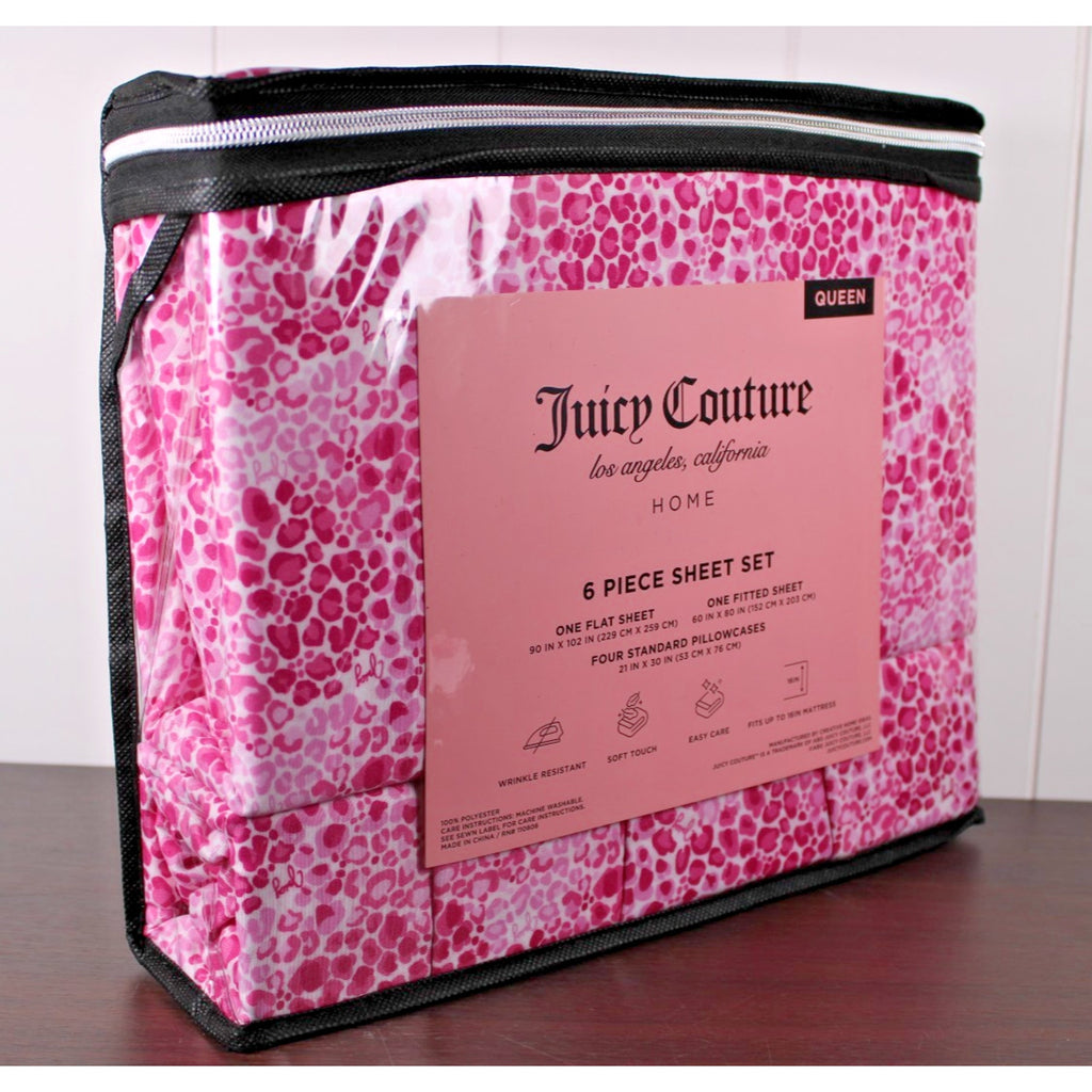 Juicy Couture Queen 6 pc Bed Sheet Set Pink Leopard Print