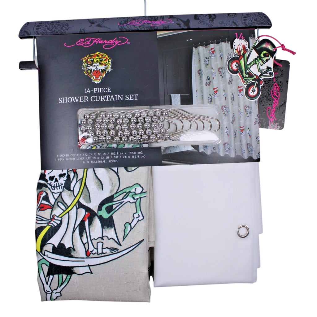 Ed Hardy 14 Piece Shower Curtain Set, Chopper Biker Skulls NWT