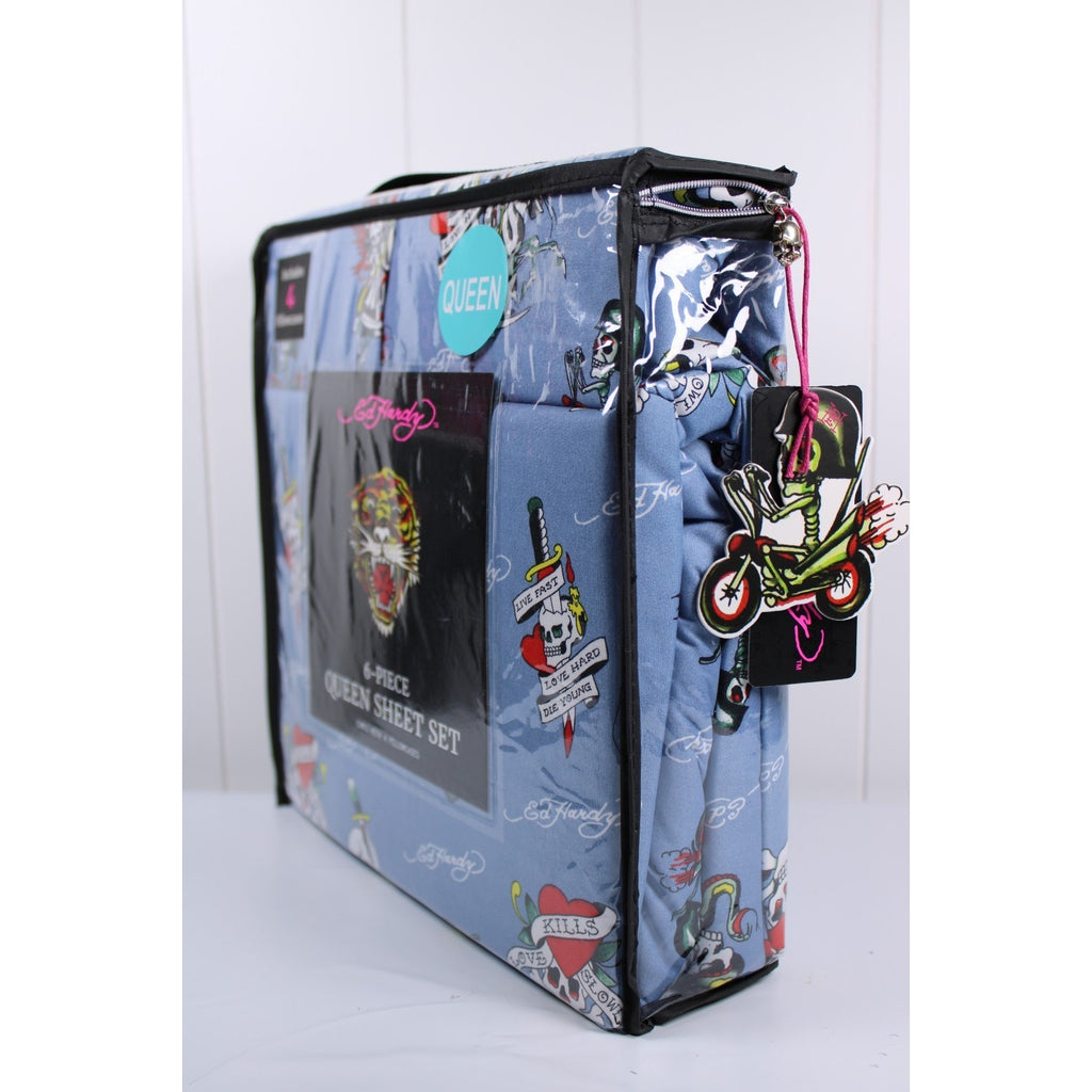 Ed Hardy QUEEN Sheet Set Blue Motorcycle Skull Love Kills Slowly Dagger 6 Piece