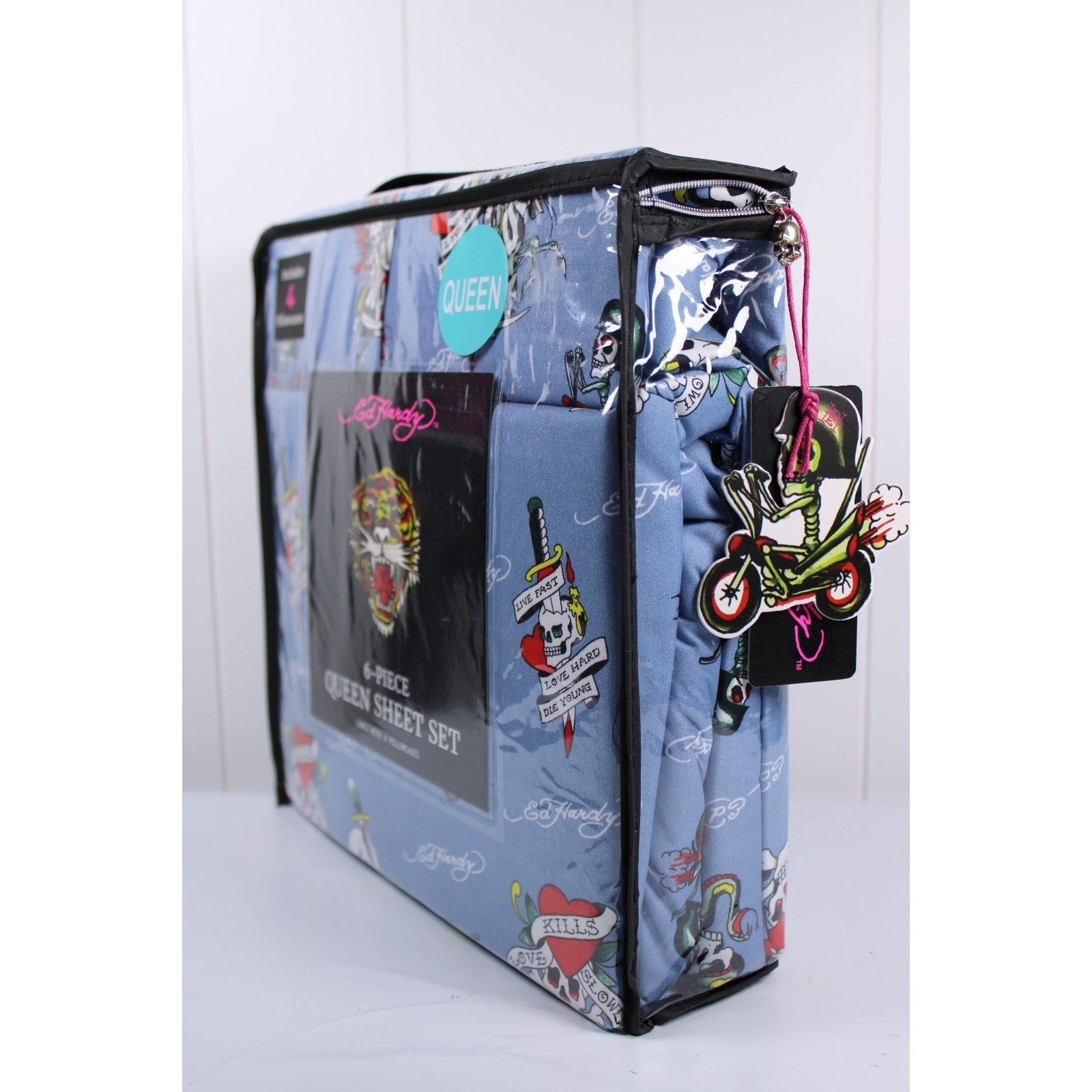 Ed Hardy QUEEN Sheet Set Blue Motorcycle Skull Love Kills Slowly Dagger 6 Piece