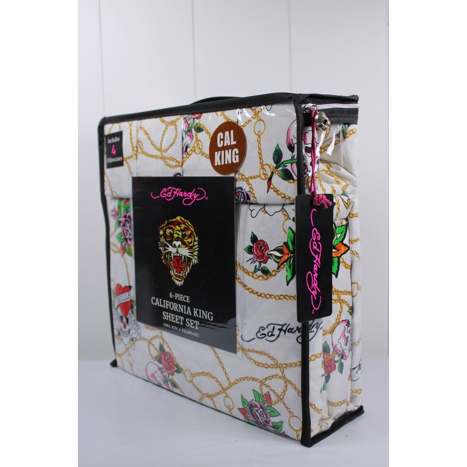 Ed Hardy White 6 pc Cal King Sheet Set Skulls Roses Tattoo Print w/4 Pillowcases