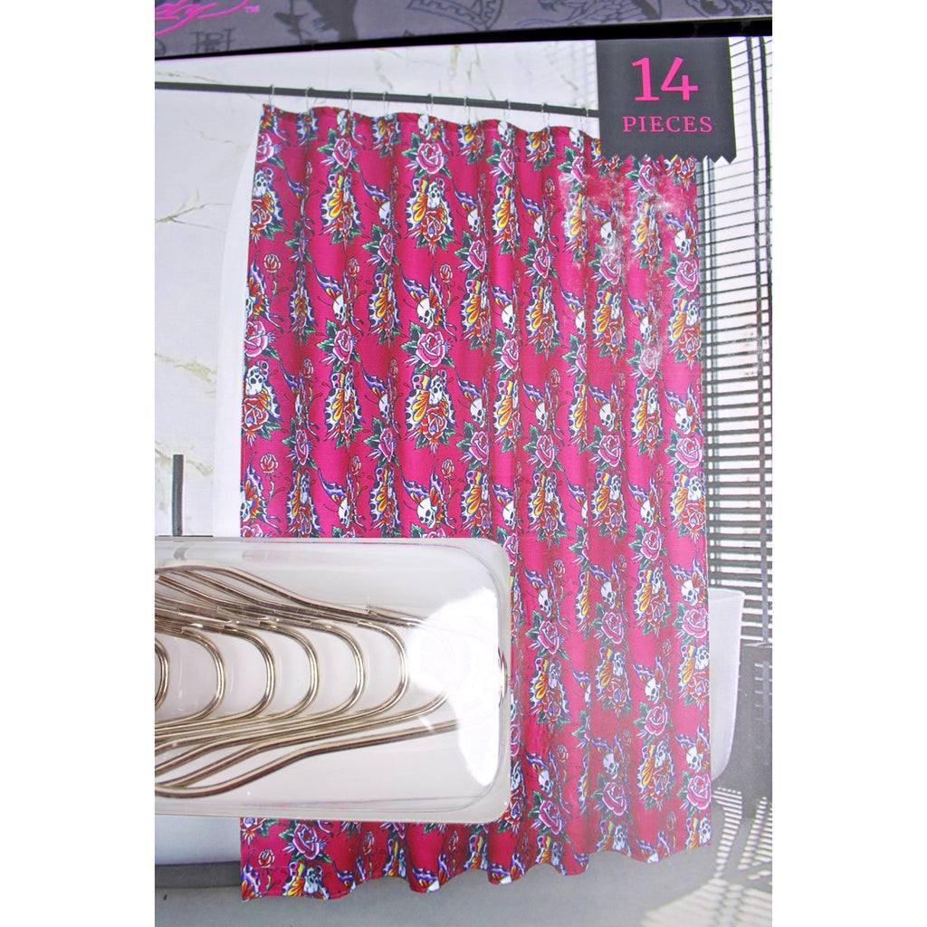 Ed Hardy 14 Piece Shower Curtain Set, Pink With Butterfly Skulls NWT