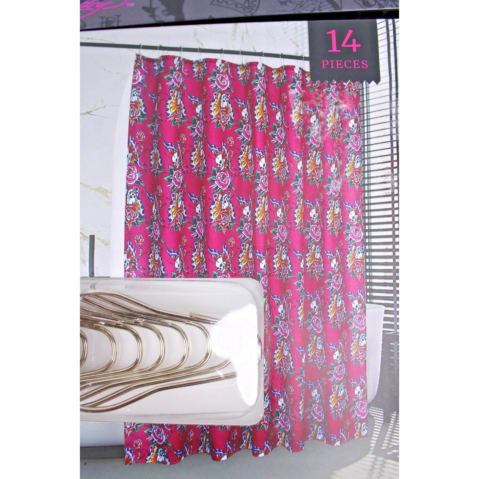 Ed Hardy 14 Piece Shower Curtain Set, Pink With Butterfly Skulls NWT