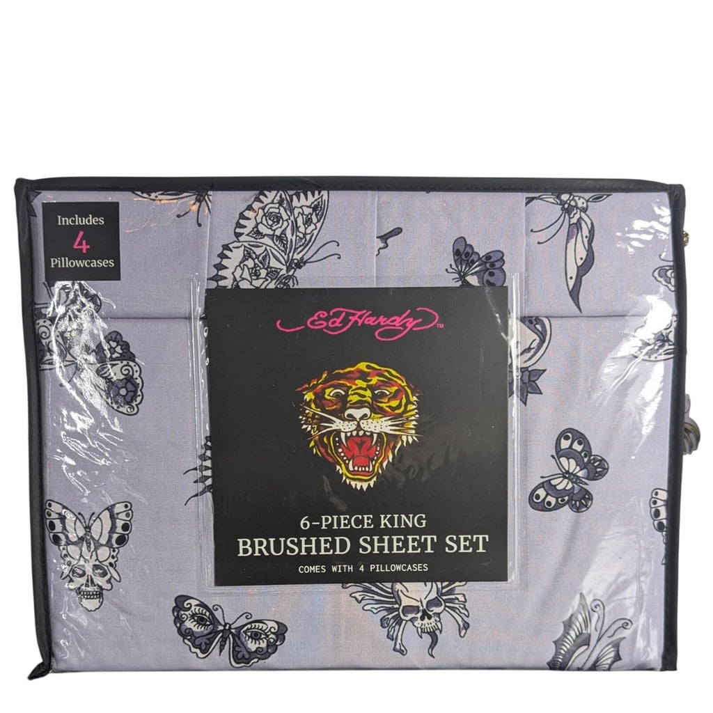 Ed Hardy 6-pc King Sheet Set w/4 Pillowcases, Skulls, Butterflies, Lavender NEW