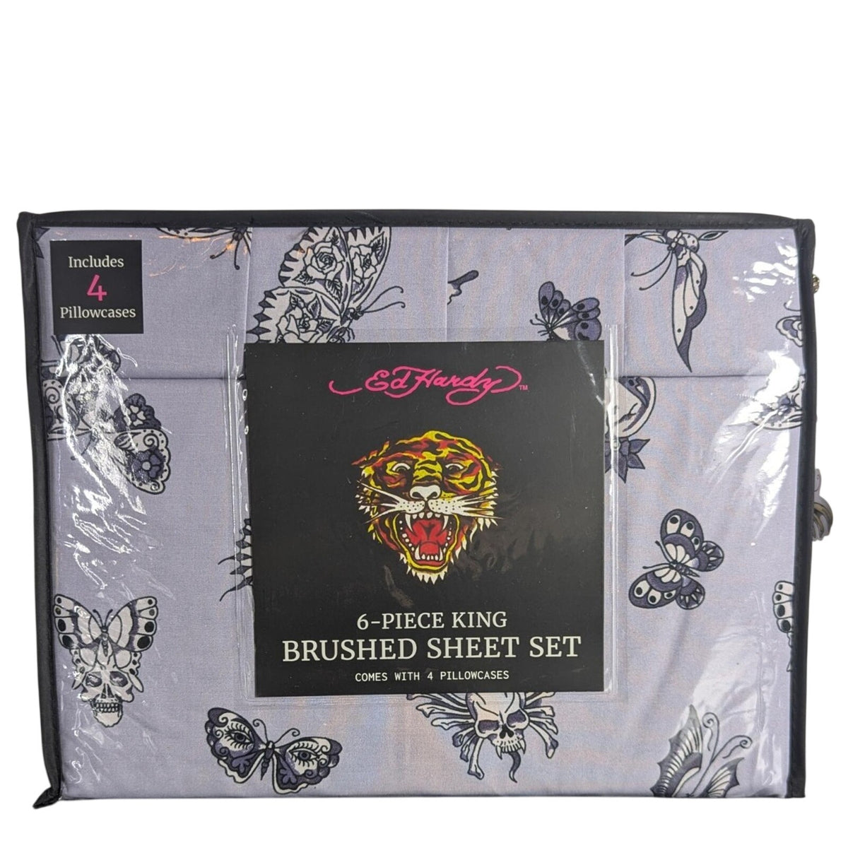 Ed Hardy 6-pc King Sheet Set w/4 Pillowcases, Skulls, Butterflies, Lavender NEW