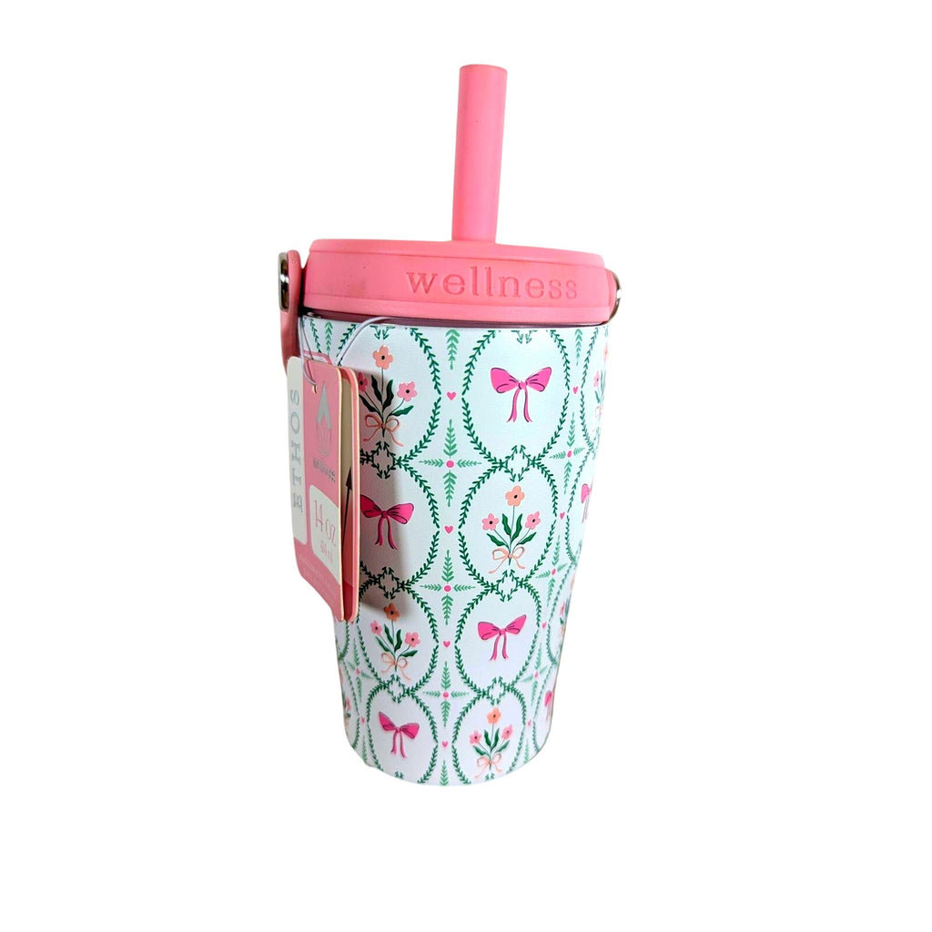 Wellness Tumbler Stainless Steel Double Wall-14 oz-BPA Free-Pink- Bows- Flowers