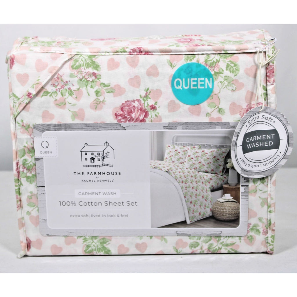 THE FARMHOUSE Rachel Ashwell 4 Pcs. White/Pink Queen Sheet Set Roses & Hearts