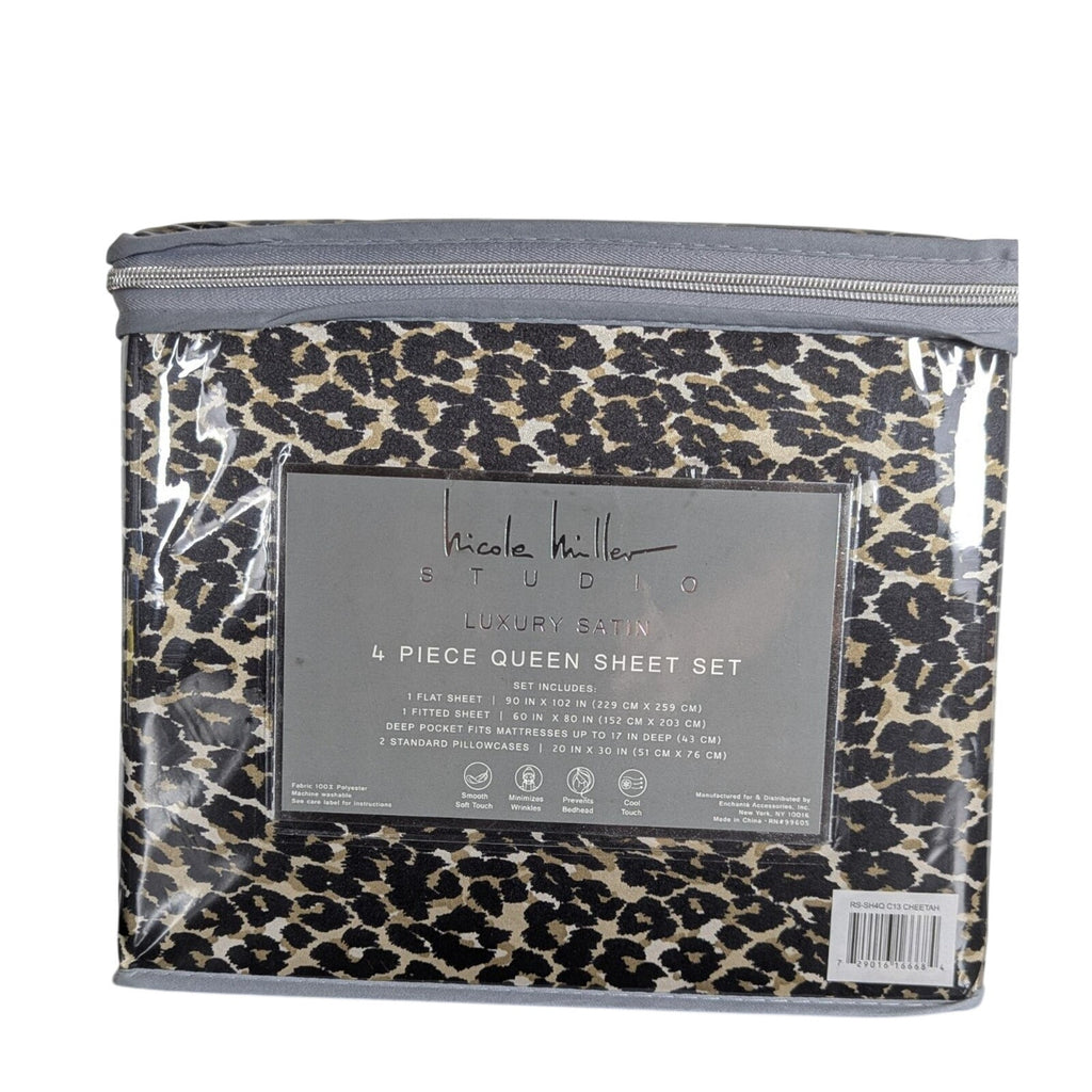 Nicole Miller Studio Luxury Satin Queen Sheet Set 4 Pc Leopard Cheetah - New