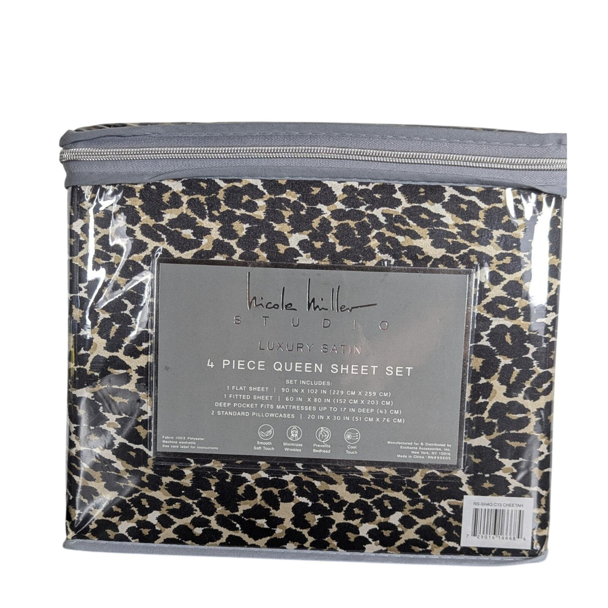 Nicole Miller Studio Luxury Satin Queen Sheet Set 4 Pc Leopard Cheetah - New