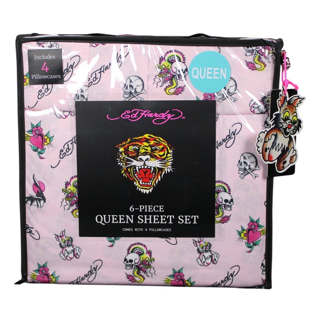 Ed Hardy with Skulls, Bats, Bunnies, Hearts, Flowers  6pc Queen Pink Sheet Set