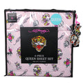 Ed Hardy with Skulls, Bats, Bunnies, Hearts, Flowers  6pc Queen Pink Sheet Set