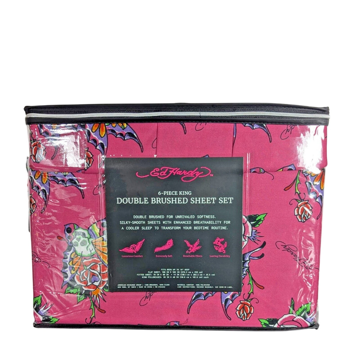 Ed Hardy 6 pc King Sheet Set Skulls Roses Tattoo Print w/4 Pillowcases
