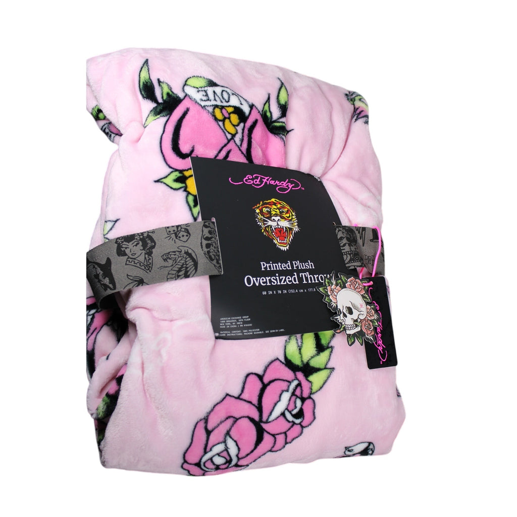 Ed Hardy Plush Throw Blanket ~ PINK Tattoos Hearts, Roses Polyester 60x70 New