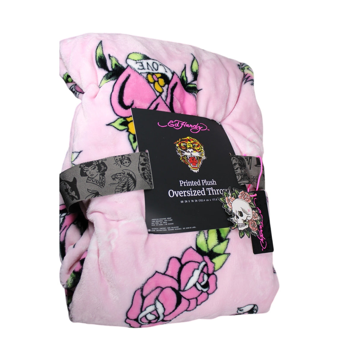 Ed Hardy Plush Throw Blanket ~ PINK Tattoos Hearts, Roses Polyester 60x70 New