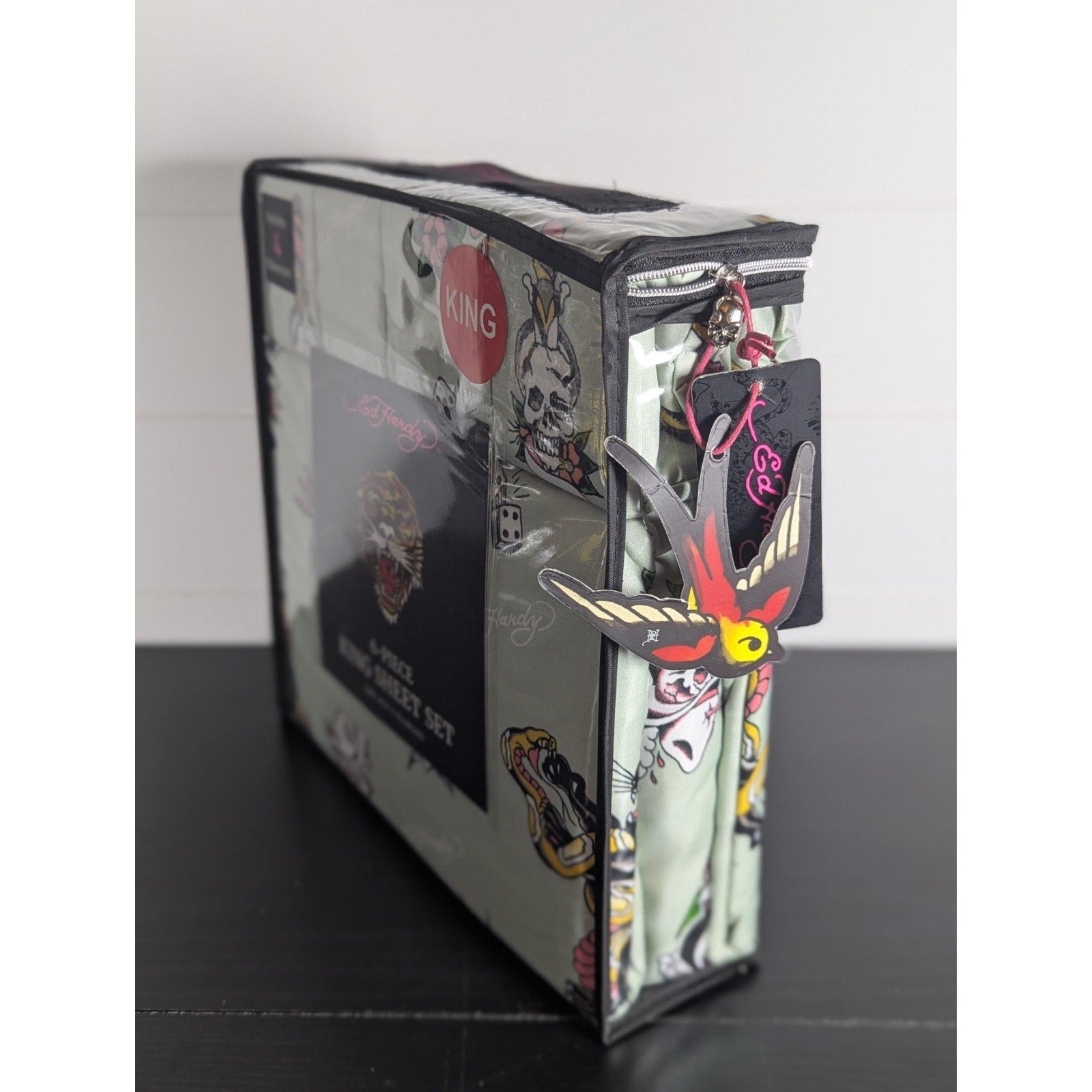 Ed Hardy 6-pc King Sheet Set w/4 Pillowcases, Skulls, Snake, Bird, Tiger- Green