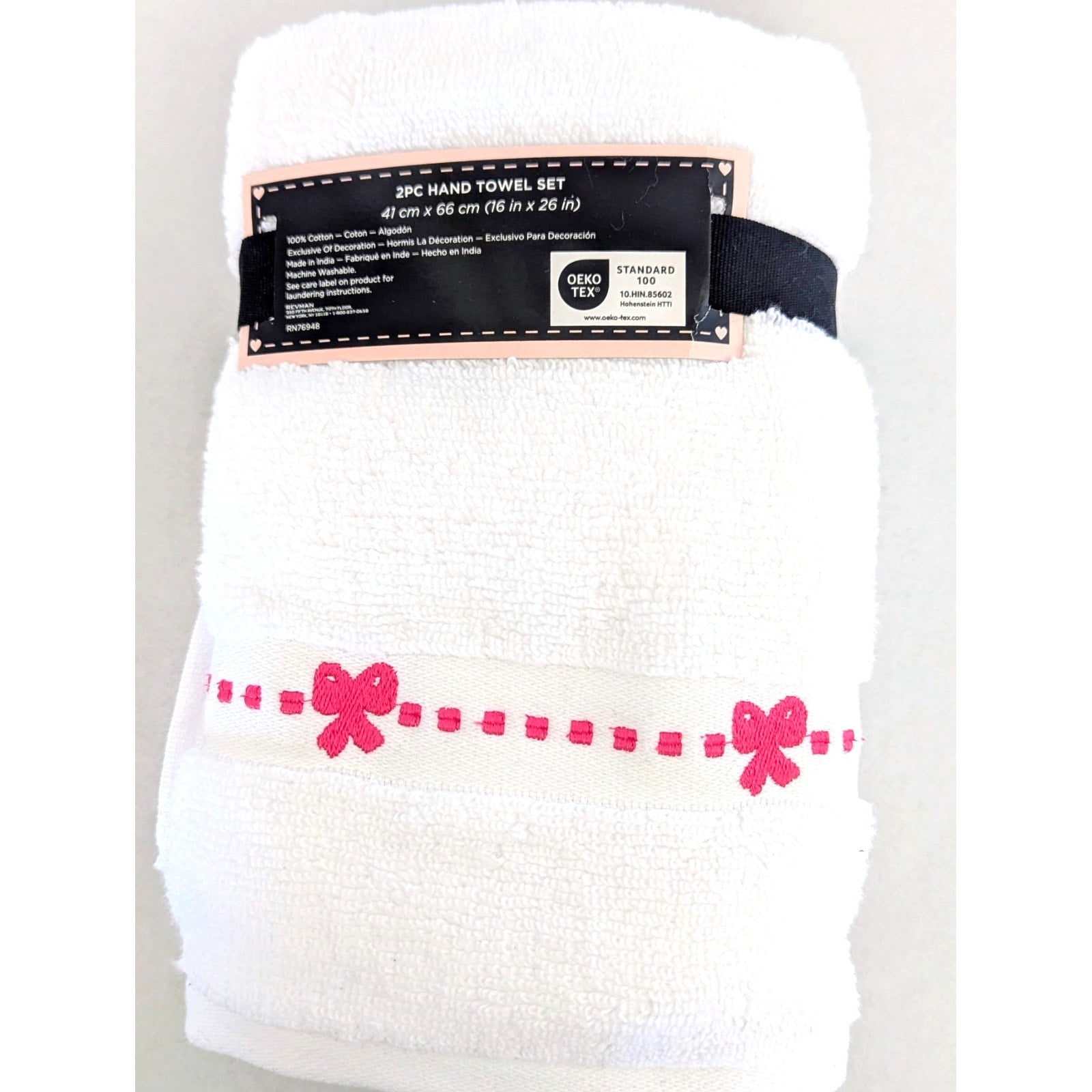 Betsey Johnson 2 Piece Hand Towel Set Rows of Bows 16 x 26 100% Cotton White