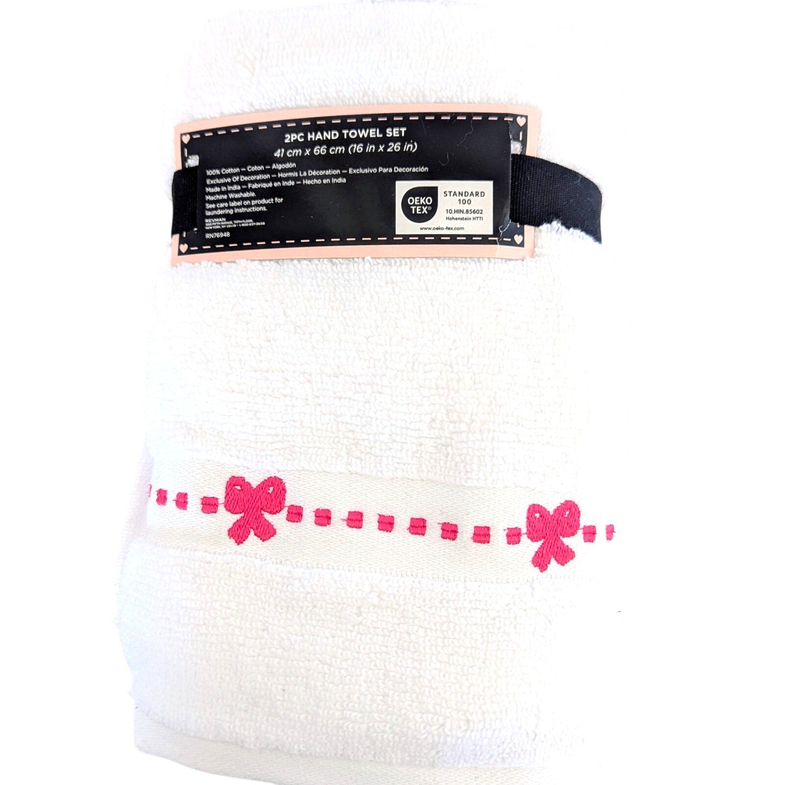Betsey Johnson 2 Piece Hand Towel Set Rows of Bows 16 x 26 100% Cotton White