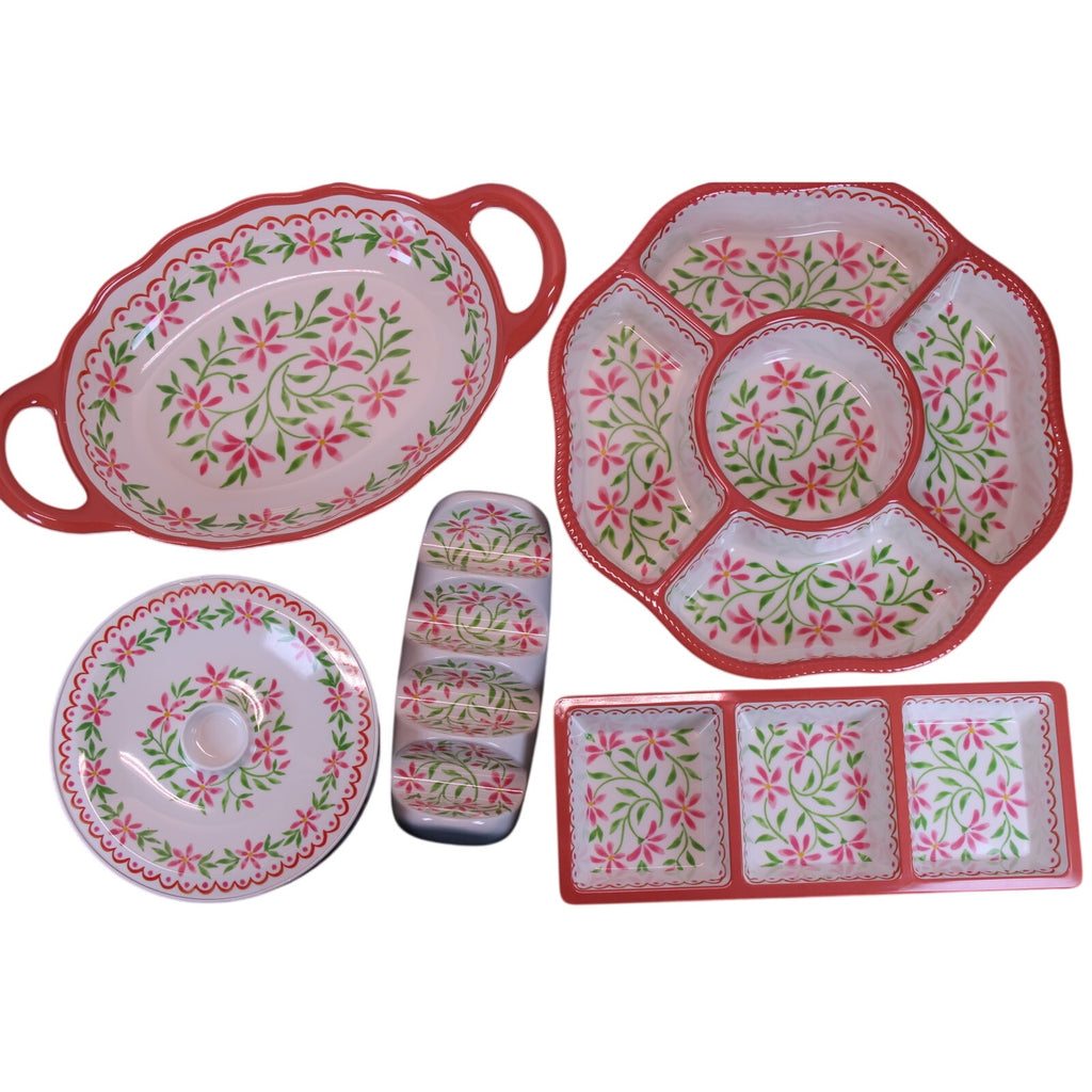 5pc. Melamine Serving Set Floral Tortilla Warmer, Taco Holder, Dip/Chip Tray NEW
