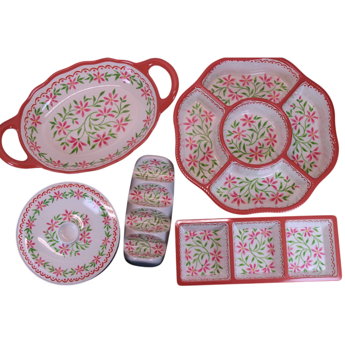 5pc. Melamine Serving Set Floral Tortilla Warmer, Taco Holder, Dip/Chip Tray NEW