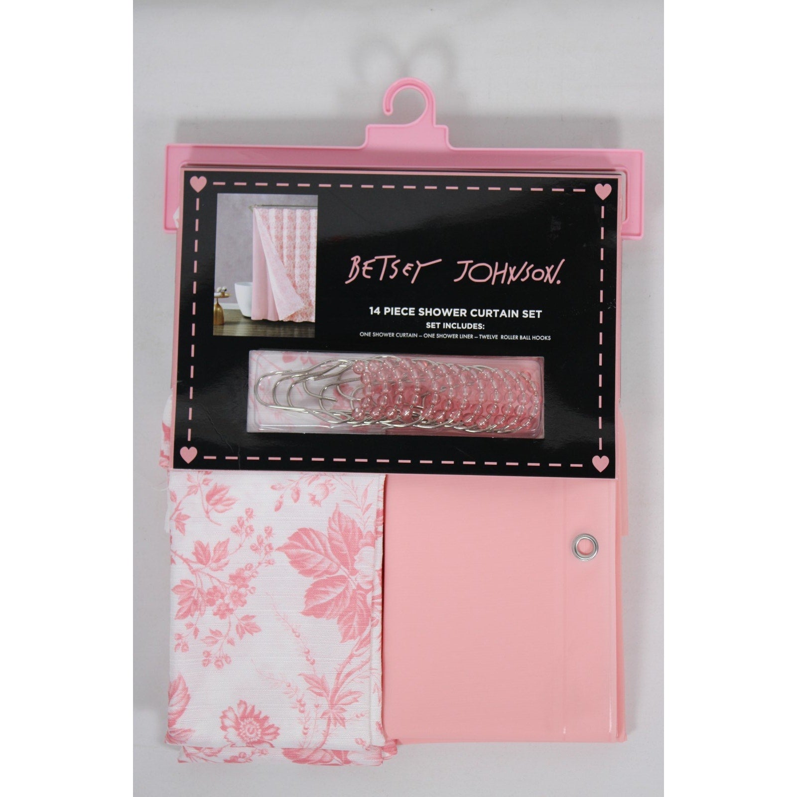 Betsey Johnson 14 Piece Shower Curtain Pink Floral Set BETSEY'S TOILE, 12 Hooks