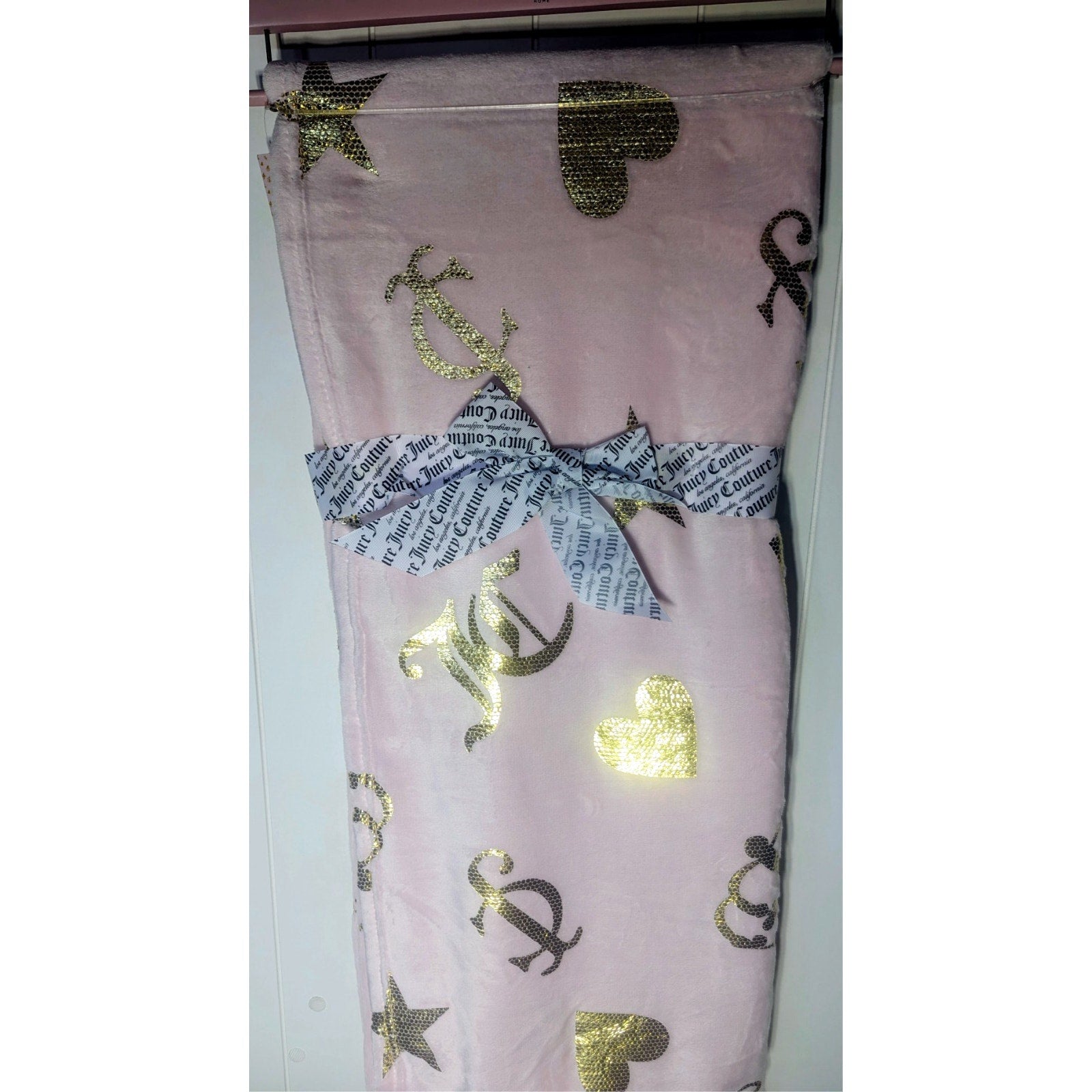 Juicy Couture Pink Plush Throw Blanket 60" X 70" Oversized, Crown, Stars, Hearts
