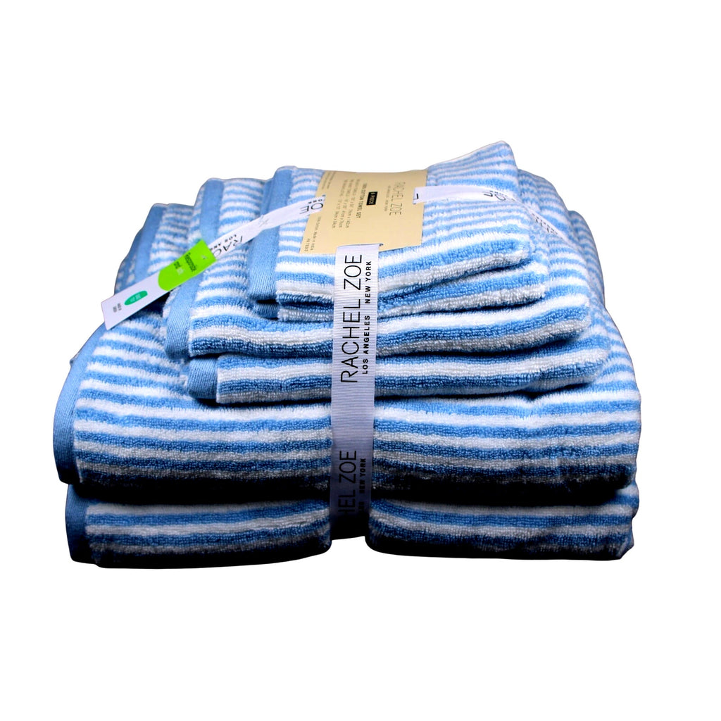 Rachel Zoe Home 6 Piece Bath Towel Set Blue & White Stripes 100% Cotton, New