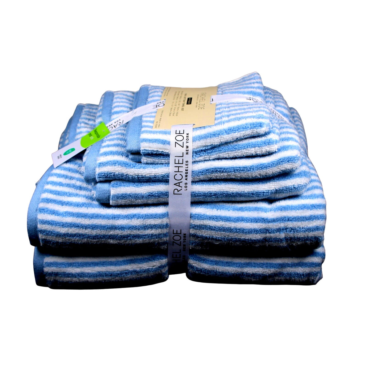 Rachel Zoe Home 6 Piece Bath Towel Set Blue & White Stripes 100% Cotton, New