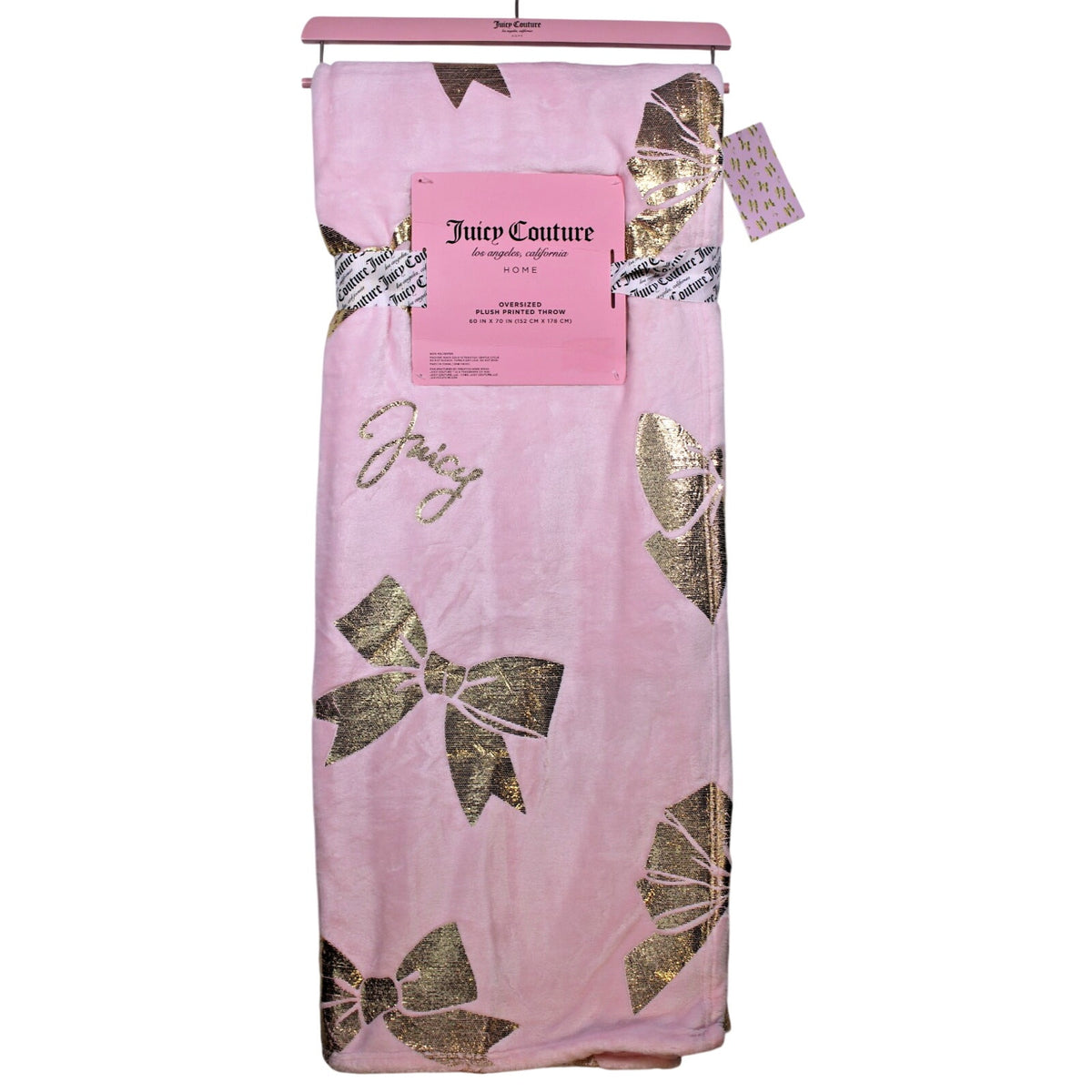 Juicy Couture Pink Plush Throw Blanket 60" X 70" Oversized, Gold Bows, Juicy