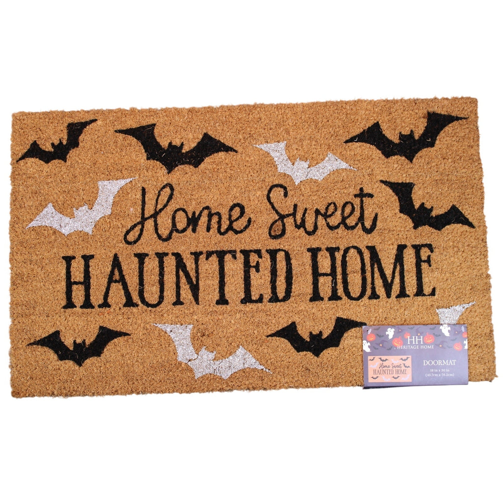 Home Sweet Haunted Home Coir Doormat, 18x30in Covered in Bats, Non-slip