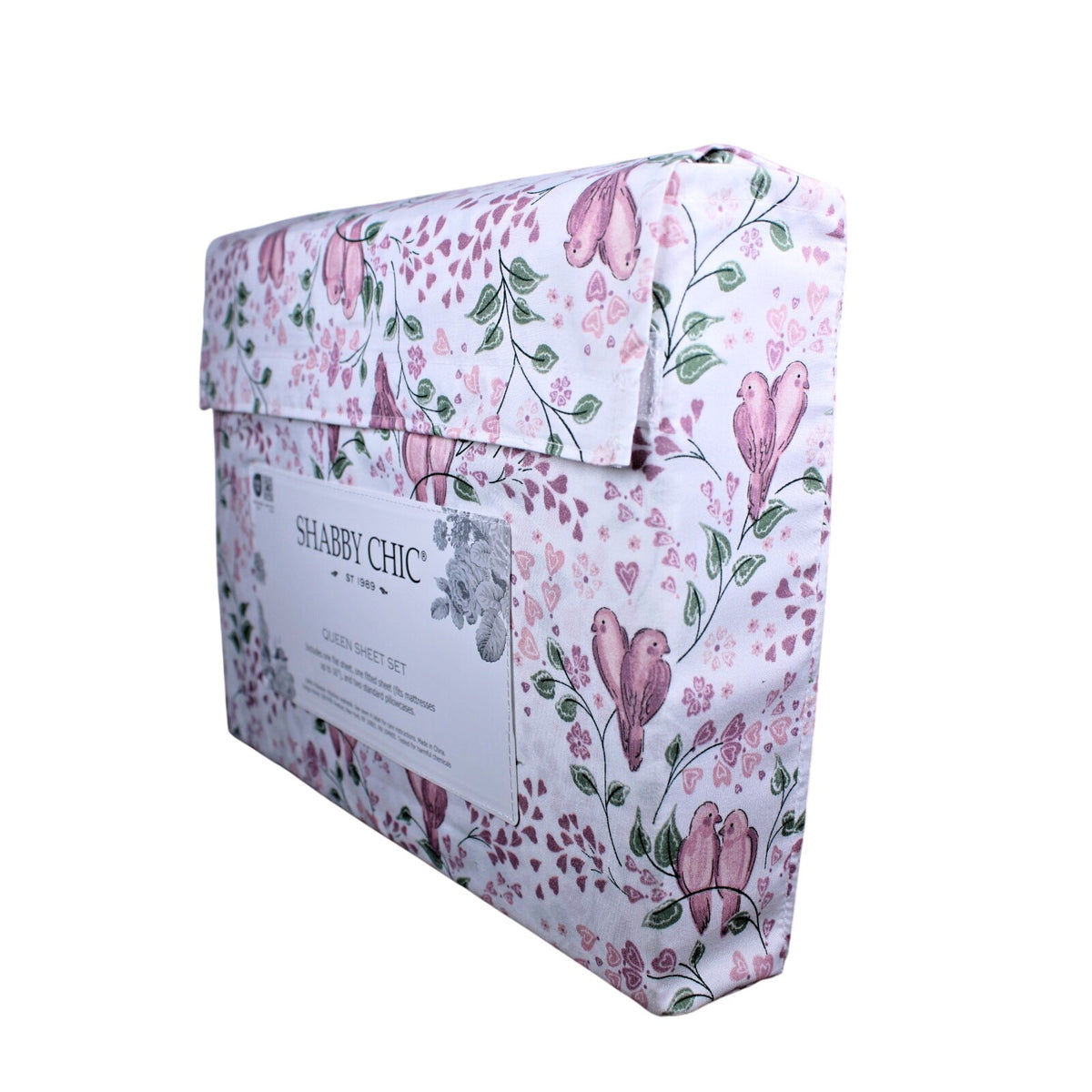 Shabby Chic Farmhouse Cottage Queen Sheet Set Pink and Mauve Lovebirds & Hearts