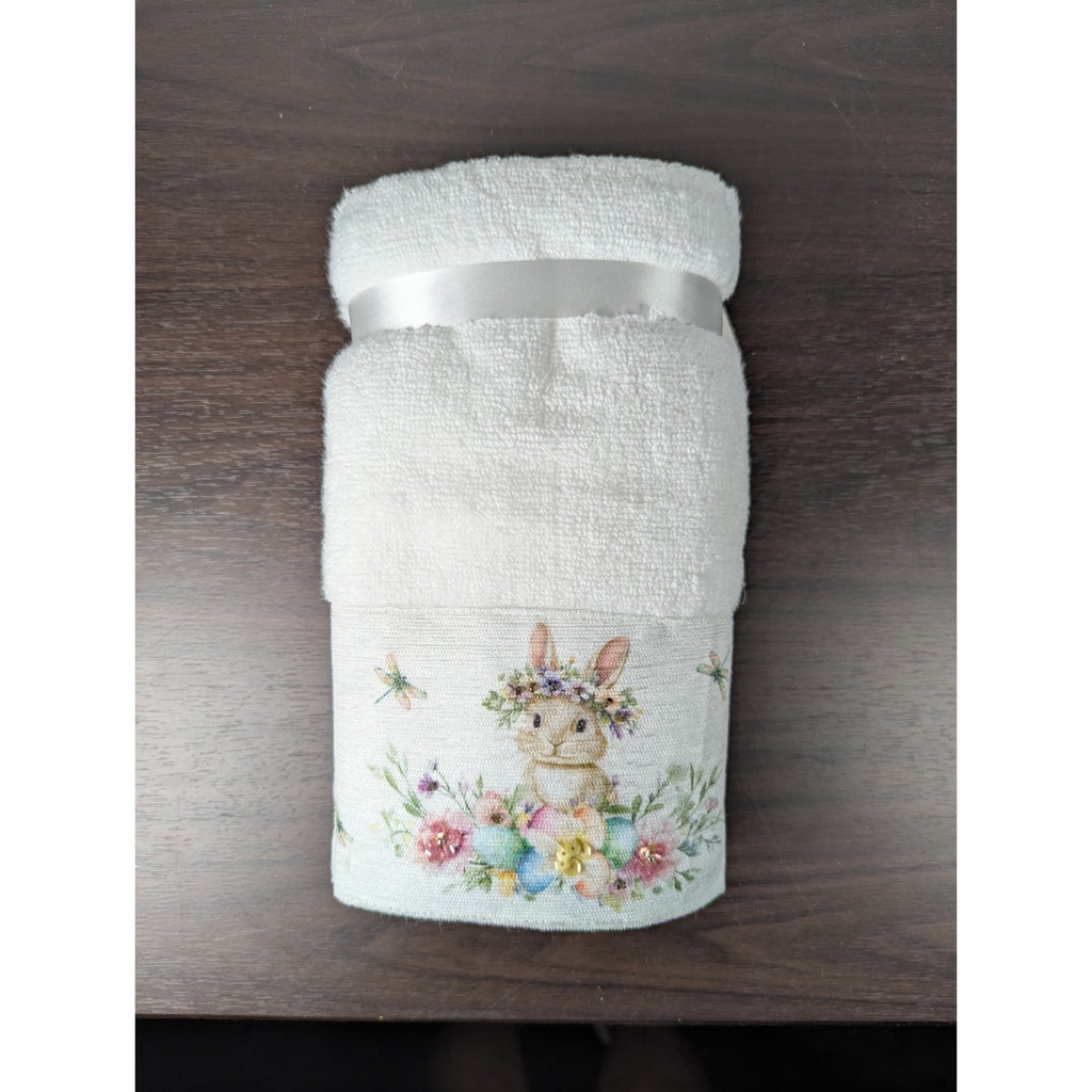 Easter Blessing Beaded Bunny Floral Hand Towels Set of 2, 16x28" 100% Cotton