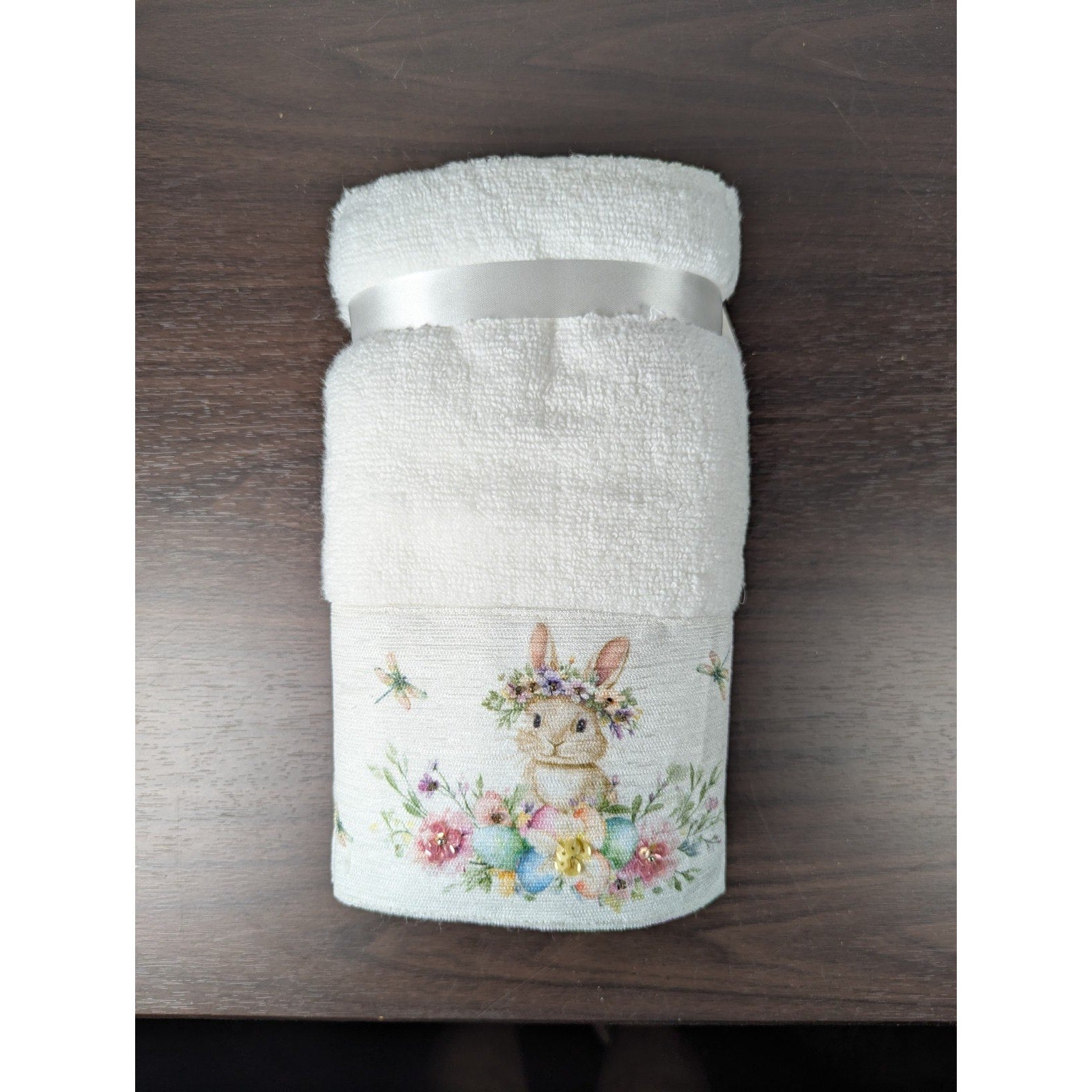 Easter Blessing Beaded Bunny Floral Hand Towels Set of 2, 16x28" 100% Cotton