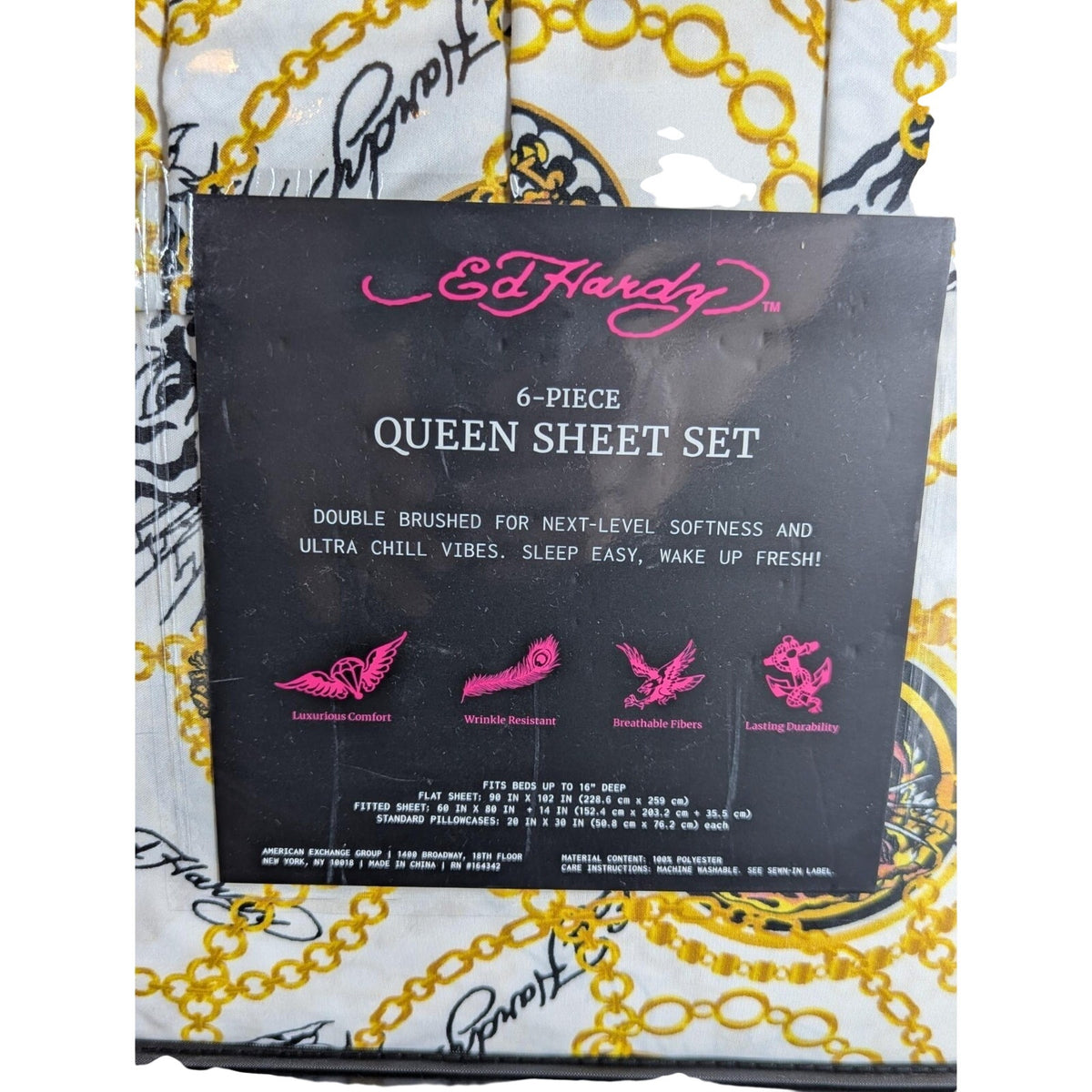 Ed Hardy 6 pc Queen Sheet Set, Tiger, Gold Chain, Tattoo Print w/4 Pillowcases
