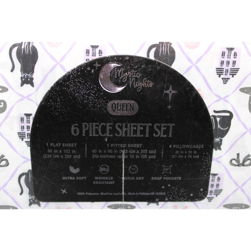 Halloween Haunted Black Cats/Hats/Bows KING Mystic Moon 6 Piece Sheet Set