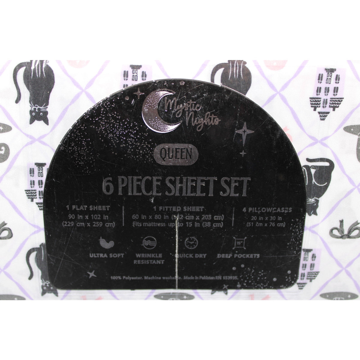 Halloween Haunted Black Cats/Hats/Bows KING Mystic Moon 6 Piece Sheet Set